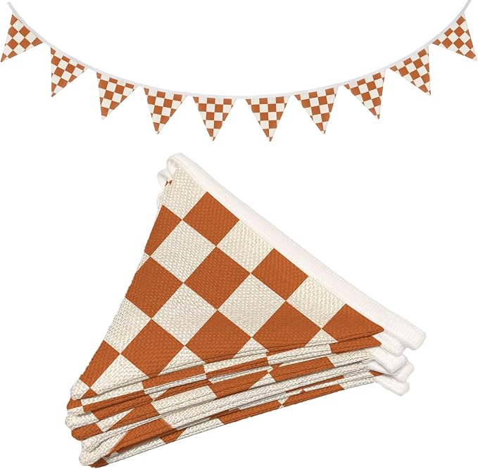 Boys Room Wall Art Decor,Cars Room Decor for Toddler Nursery Playroom,Orange and White Checkered Garland Triangle Banners,Racing Flags 11Ft Bunting Flags Fabric for Baby Shower Birthday Party