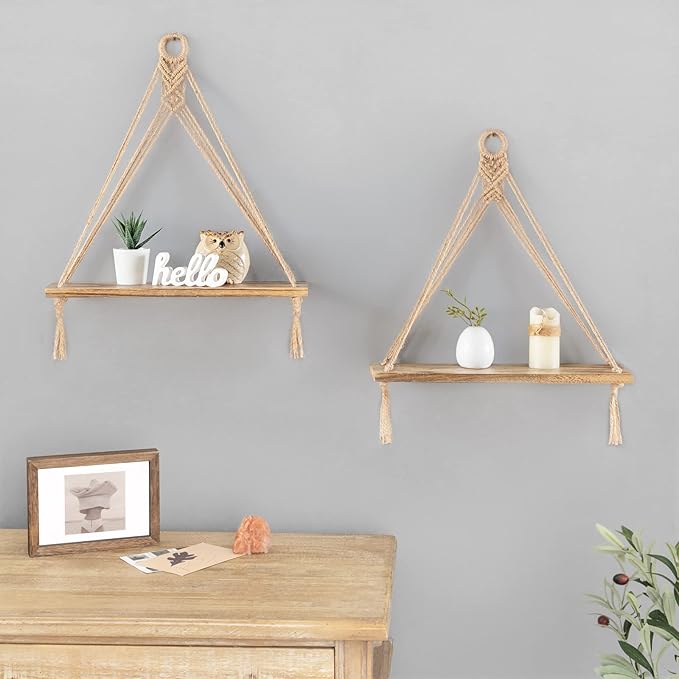 Mkono Macrame Hanging Shelves Boho Wall Decor Set of 2 Floating Wood Shelf | Cute Room Decor for Teen Girls Display Storage Shelves for Hanging Plant Photos Fit Bedroom Bathroom Living Room Nursery Dorm