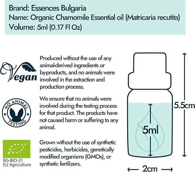 Essences Bulgaria Organic Chamomile Essential Oil - Blue 1/6 Fl Oz | 5ml | Matricaria recutita | 100% Pure and Natural | Undiluted | Therapeutic Grade | Family Owned Farm | Steam-Distilled | Non-GMO