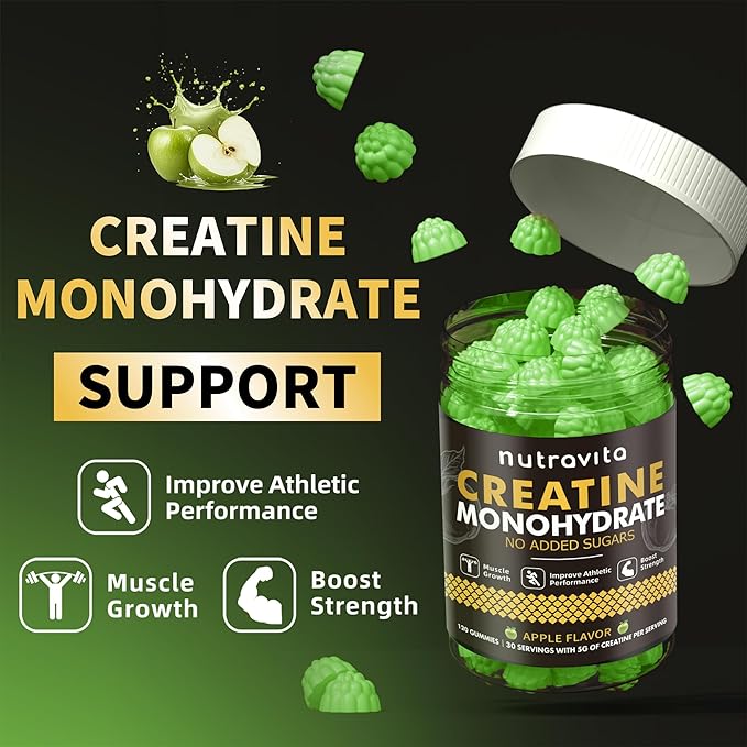 Nutravita Creatine Monohydrate Gummies for Men & Women-5g of Creatine Monohydrate per Serving - Sugar Free,Vegan, Apple Flavor, 120 Count