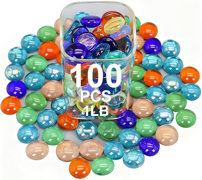 Decorative Glass Pebbles Flat Bottom Beads for Vase, Aquarium & Fish Tank | Mixed Color Glass Stones Vase Filler for Planter, Crafts, Home Art Decor (Mixed, 1 Pound)