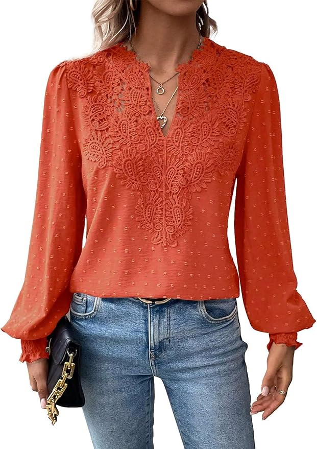 Womens Tops Swiss Dot Boho Long Sleeve Shirts V Neck Casual Chiffon Blouses Flowy Lace Hem Cute Clothing Trendy 2026