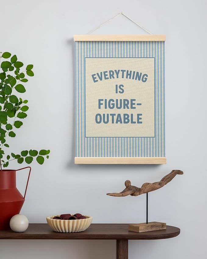 FGFK Preppy Blue Everything Is Figureoutable Inspirational Wall Art Poster Hanger Frame, Trendy Blue Striped Positive Affirmations Canvas Prints Framed Wall Decor for Girls Bedroom Dorm, 12x16 Inch