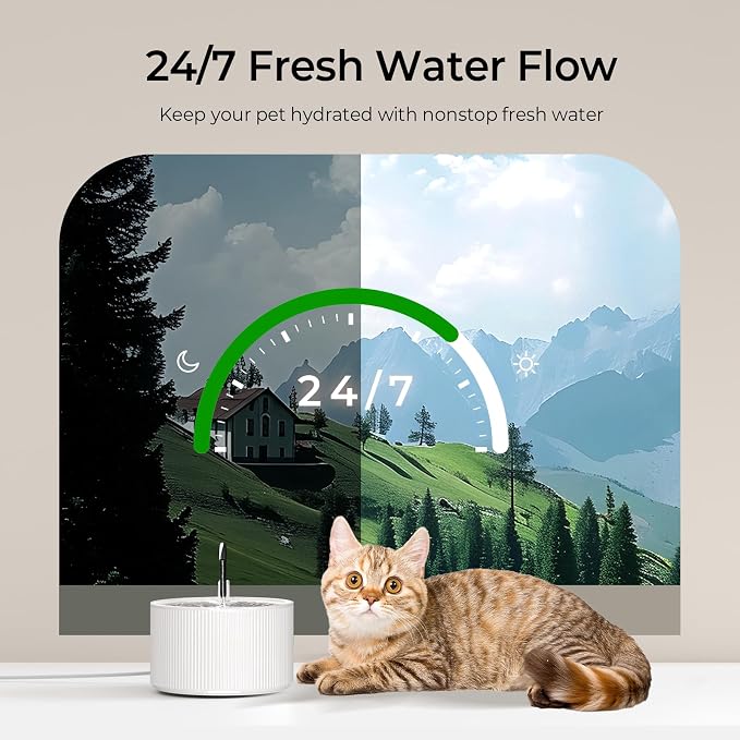 Voluas 2.2L Ceramic Cat Water Fountain with 1 Filter Automatic Pet Fountain | 74oz capacity, ceramic bowl, 4-layer filtration, ultra-quiet pump, faucet and bubbling modes, easy to clean, dishwasher-safe