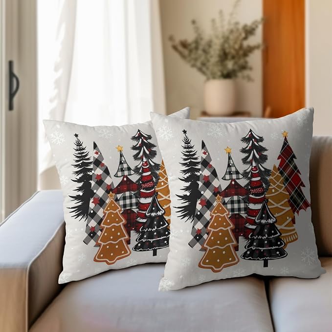Kawani Christmas Throw Pillow Covers 16 x 16 Inches, Set of 2 Buffalo Plaid Gingerbread Xmas Trees Vintage Cotton Linen Square Pillowcases for Sofa Couch Bed Cushion Decoration