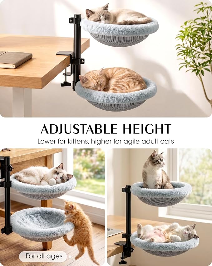 Double Cat Desk Bed, Lockable 360° Swivel, Steel Frame, 15.7-Inch | for Large Cats, Adjustable Clamp 0.5-3", Dual-Sided Cushion, 11-14" Height, No-Drill Mount, Machine Washable, Anti-Slip Base