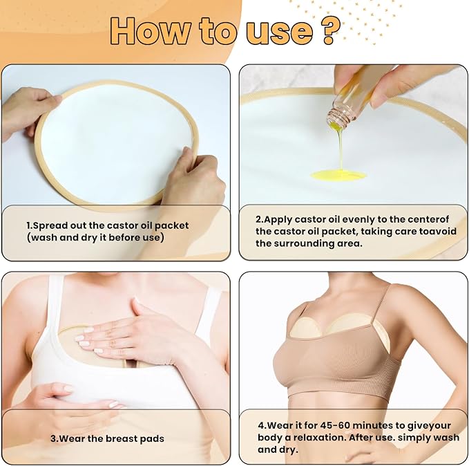 4 Pcs Reusable Castor Oil Packs for Breast, Soft Organic Cotton with Anti Leakage Design, Breast Pads for Women Compress Relaxing Comfort (Oil Not Included)