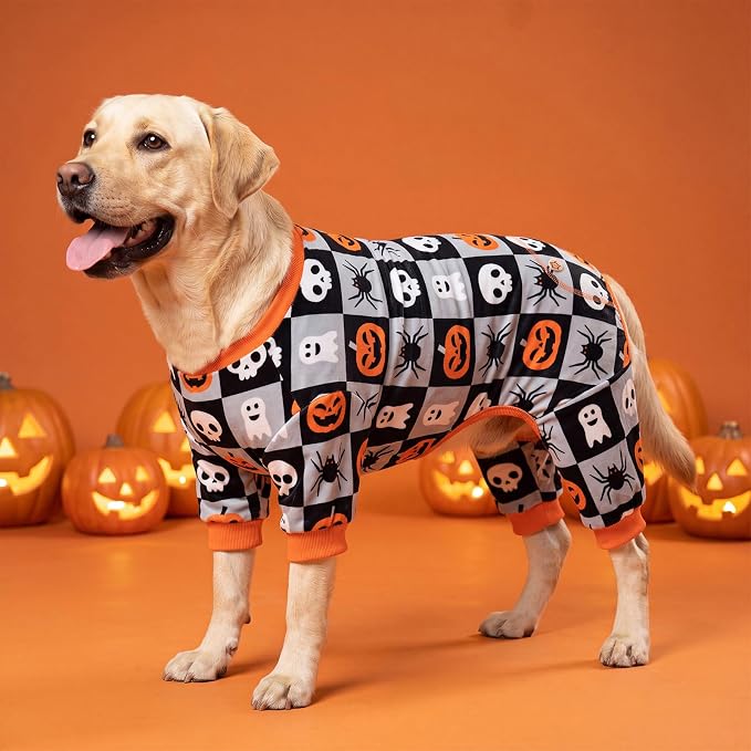 KYEESE Dog Halloween Pajamas for Large Dogs, Checkered Pumpkin Ghost | Cozy Halloween Outfit, Great for Halloween Photos, 4-Way Stretch, Lightweight & Breathable, Gentle on Sensitive Skin