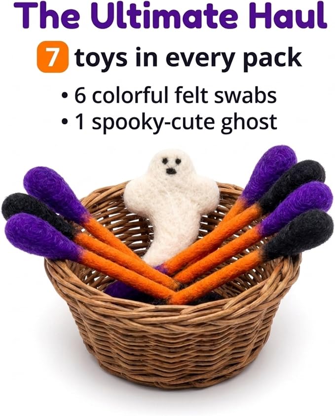 Glaciart One Halloween Cat Toys with Catnip – 7 Pack Felt Swab Cat Toys + Ghost Toy, Interactive Wool Cat Toys for Indoor Cats & Kittens, Handmade Natural Catnip Toys for Chase, Chew & Play