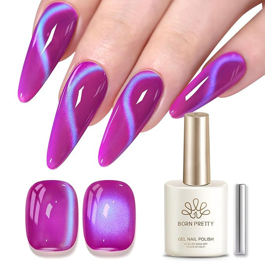 Born Pretty Spring Summer Cat Magnetic Eye Gel Polish,2026 Fruit Dark Purple Holographic Glitter Shimmer Translucent Sheer Magnetic Gel Polish with Blue Powder