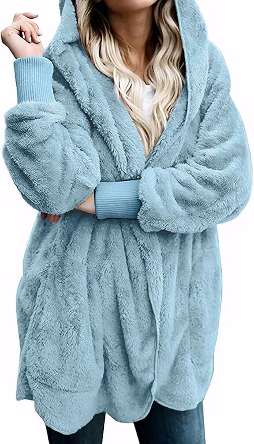 Zilcremo Women Hooded Cardigan Fuzzy Jacket Winter Open Front Fleece Coat Outwear with Pockets
