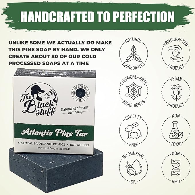 The Black Stuff Pine Tar Soap - Mens Bar Soap Made with Pine Tar, Organic Ingredients and Essential Oils - Handmade Cold Process Body Soap for Men - Moisturizing and Cleansing organic Bath Soaps