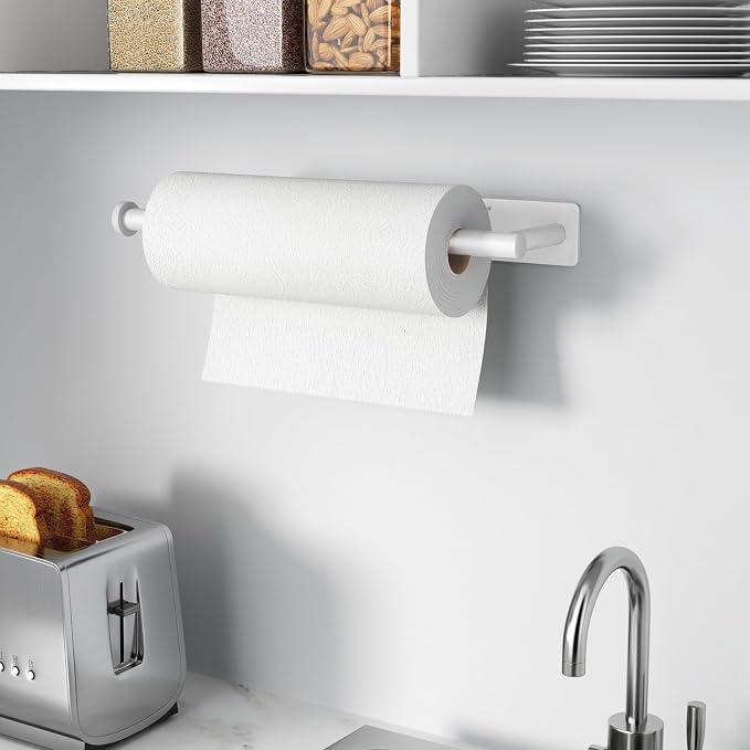 Paper Towel Holder,Self-Adhesive or Drilling， White, 1 Pack | SUS304 Stainless Steel,Kitchen Roll Dispenser Under Cabinet，Wall Mounted Rack