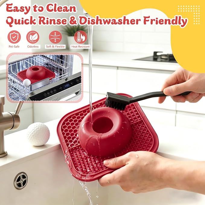 Slow Feeder Dog Bowls & Lick Mat for Liquid and Thick Treat, Anti-Slip Dog Lick Bowl with Interactive Rolling Ball, 5/6 Cup Pup Licking Toy for Large Medium Small Dogs and Cats-Large Red