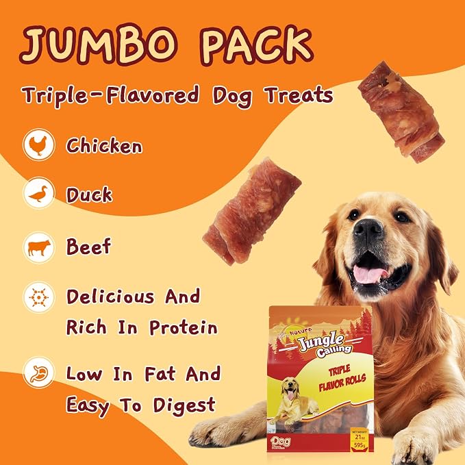 Jungle Calling 21 oz Triple Flavor Rolls, Chicken Duck & Beef, High Protein | Rawhide Free Treat for Small, Medium & Large Breeds, Limited Ingredient Chews Perfect for Daily Reward, Easily Digestible