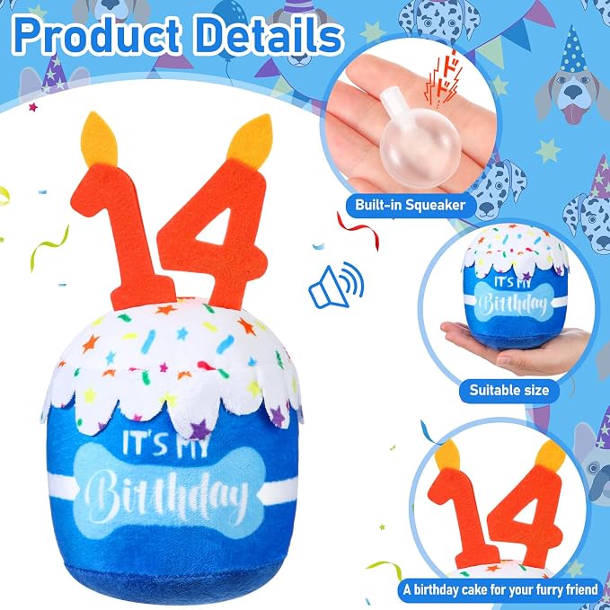 Dansydaisy Dog Birthday Cake Toy Squeaky Plush Gift,14th,Blue