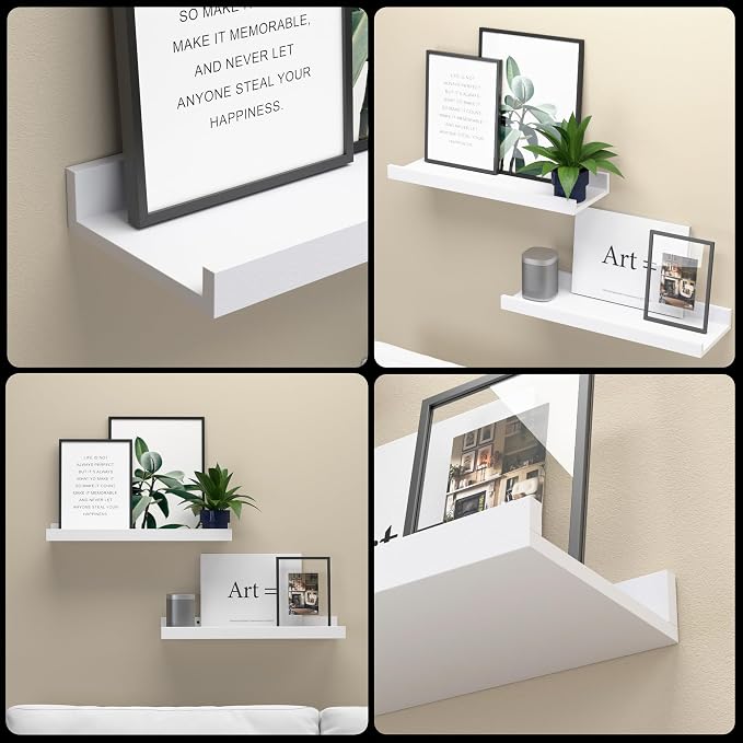 Boswillon Floating Shelves Set of 2, Small Wall Shelf with Lip, 16in, White | Display Ledge Shelf for Room Wall, Wall Decor Shelves for Bathroom, Living Room, Bedroom, Kitchen, Nursery Room, Modern, Wood
