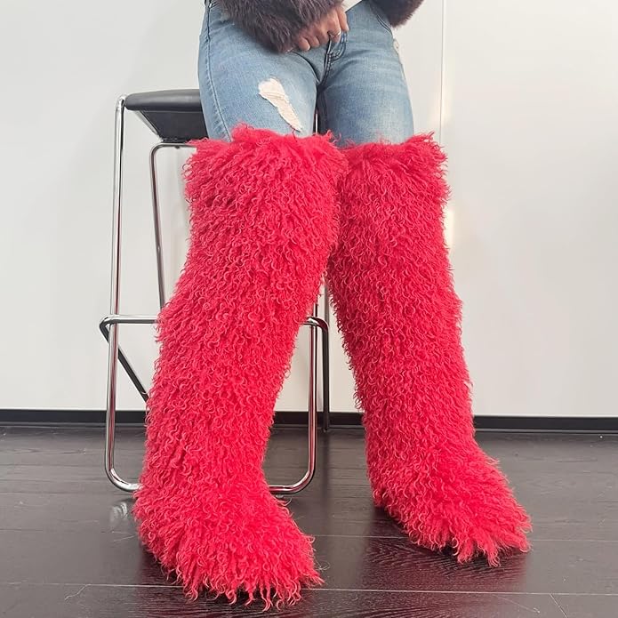 SWEETHEART BEAUTY Thigh High Shagy Teddy Fur Boots, 29 Inch Over the Knee Length Fluffy High Boots, Tall Furry Shoes For Women