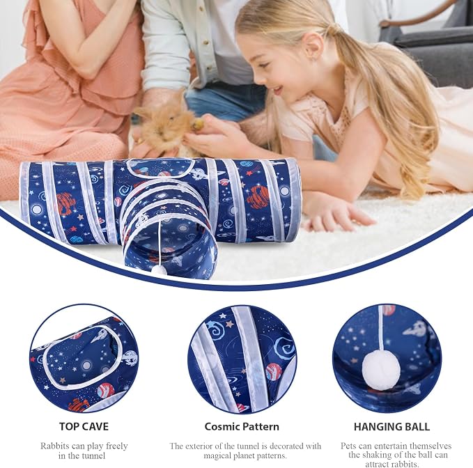 HERCOCCI Rabbit Toys, Collapsible Bunny Tunnels & Tubes 3 Way Rabbit Hideout Tunnel with Ball Toy for Bunny Guinea Pig Ferret Kitten