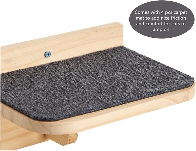 SHENGOCASE Wall Mounted Cat Furniture Set, Natural Wood, 47.2 inch Balcony Perch with Guardrail, 4 Steps, 2 Houses with Cushions