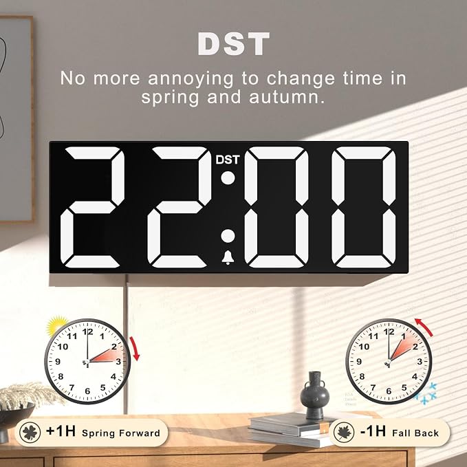 JALL 22" Large Digital Wall Clock, Big LED Display with Night Light, Auto Dimming & DST, Giant Alarm Clock for Seniors, Elderly Parents, Gift for Mom Dad (White)