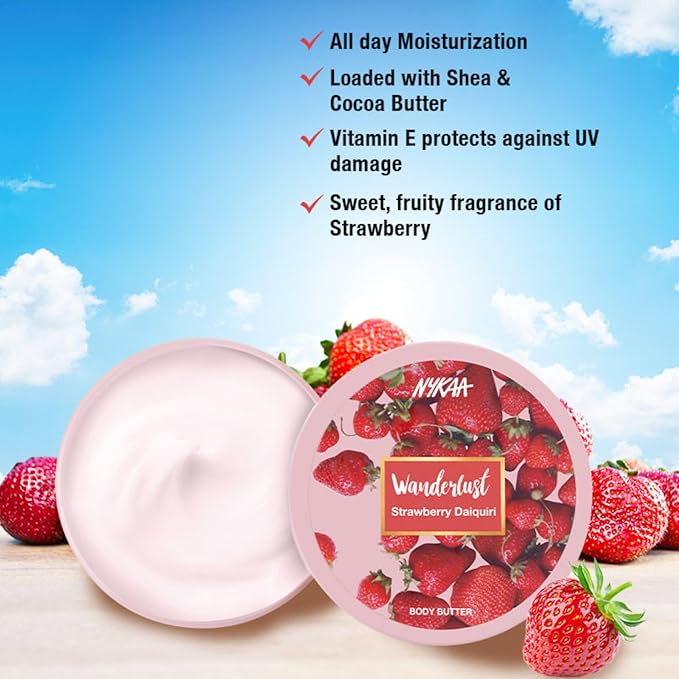 Nykaa Naturals Wanderlust Body Butter - Enriched with Shea, Cocoa Butter, and Almond Oil - Vegan, Cruelty-Free - Strawberry Daiquiri - Vegan - 6.7 oz