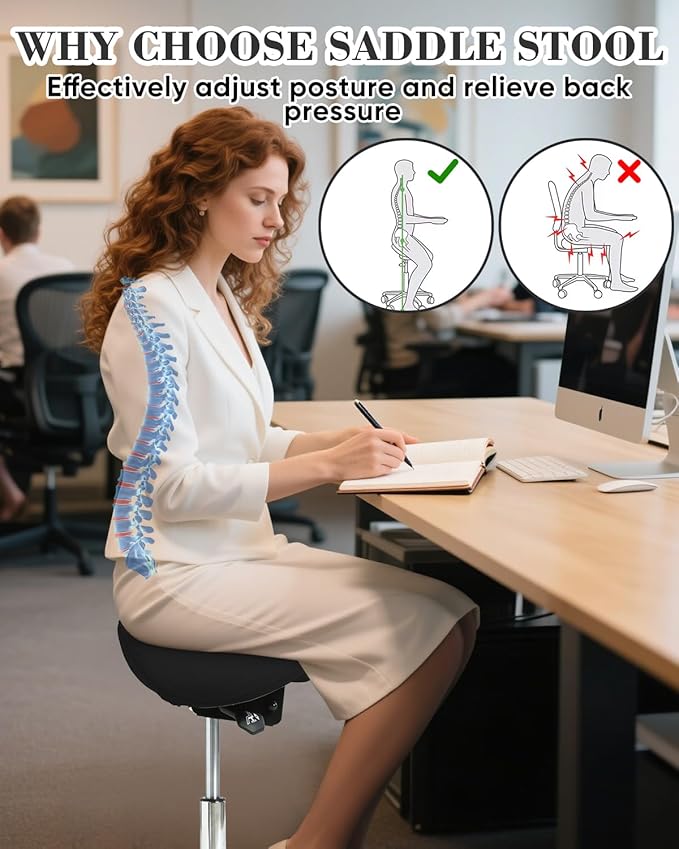 Conforms to ergonomics, with a Saddle Stool That can be Tilted and a Rotating Stool with Hydraulic Lifting Height Adjustment, Suitable for Office, Black