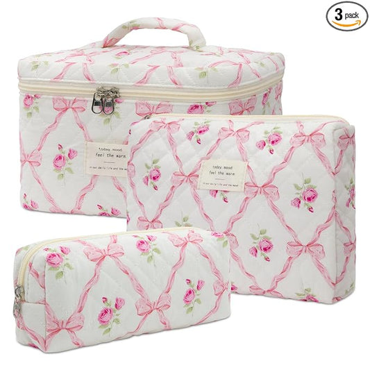 honitty Makeup Bag,Quilted Cosmetic Bag,Large Floral Make Up Bag for Women,Cotton Makeup Bag Set,Flower Travel Toiletry Bag