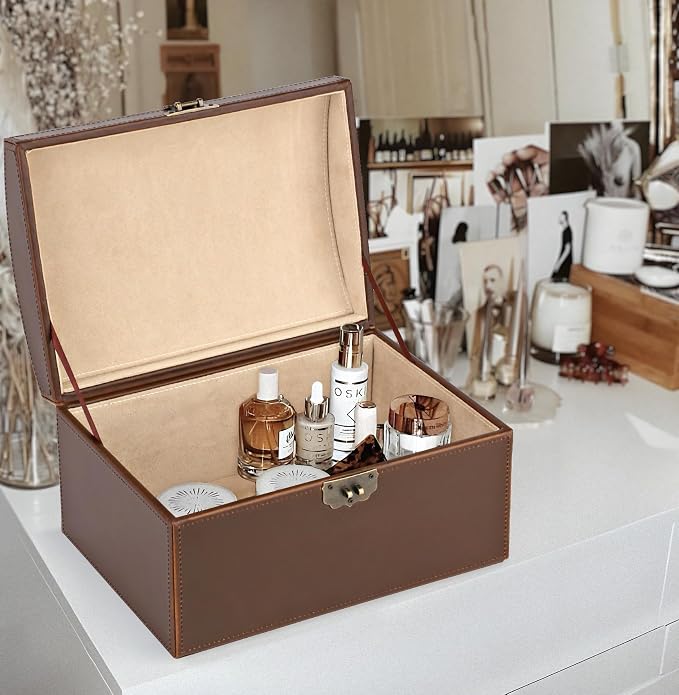 HofferRuffer Faux Leather Decorative Box, Large Wooden Structure Keepsake Box Accessory Organizer Jewelry Organizer with Hinged Lid, Storage Container for Home or Office (Antique Brown)
