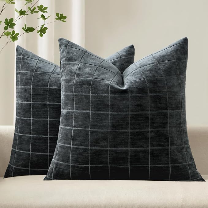 MIULEE Black Plaid Decorative Euro Throw Pillow Covers 22x22 Set of 2 | Vintage, Check Chenille Couch Pillows, Neutral Boho Farmhouse Cushion Covers, Modern Home Decor for Sofa Bed Living Room