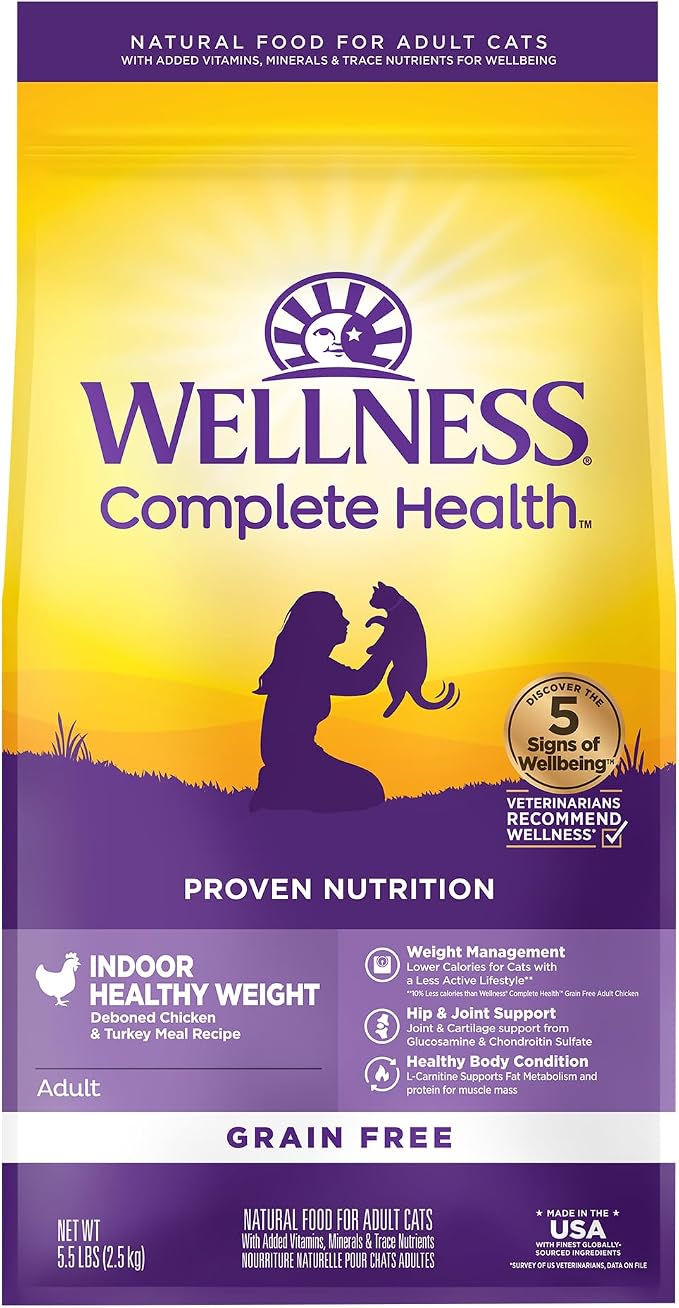 Wellness Complete Health Healthy Weight Adult Dry Cat Food for Indoor Cats, Natural, Grain Free Kibble, Chicken & Turkey Recipe, 5.5 lb Bag
