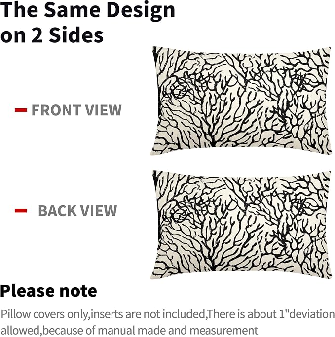 Nautical Coastal Coral Lumbar Pillow Covers 12x20 Inch Set of 2 Summer Ocean Beach Black White Decorative Pillow Cases Outdoor Linen Cushion Cover Farmhouse Decor for Bedroom Home Sofa Couch Bed