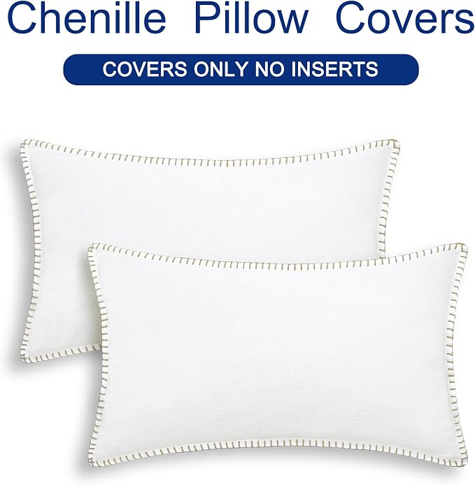 CaliTime Decorative Couch Throw Pillow Covers 20 X 12 Inches True White | Pack of 2, Cozy Chenille Cushion Cases, Cotton Thread Stitching Edges, for Sofa Bed Living Room Farmhouse