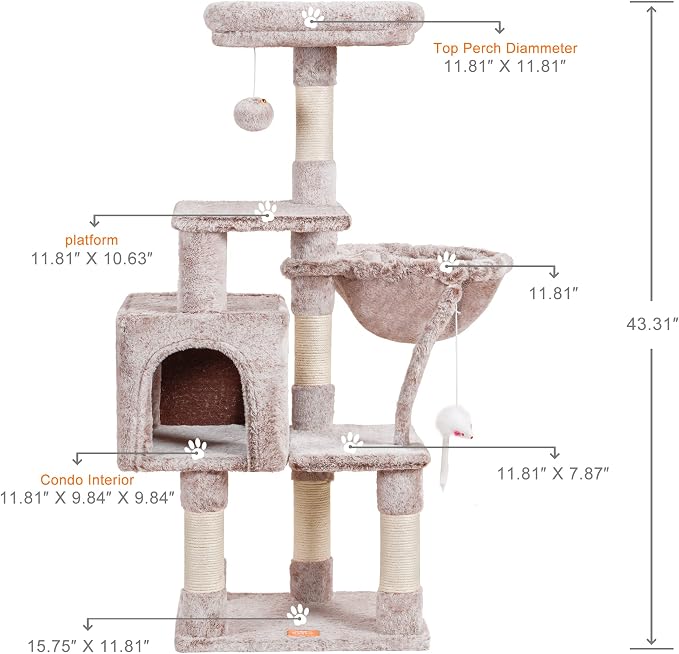 Heybly Cat Tree with Toy, 43.3 inch Cat Tower for Indoor Cats HCT004SMU | Cat Condo with Durable Sisal Scratching Posts, Cat House with Padded Plush Perch, Cozy Hammock, Rosy Brown