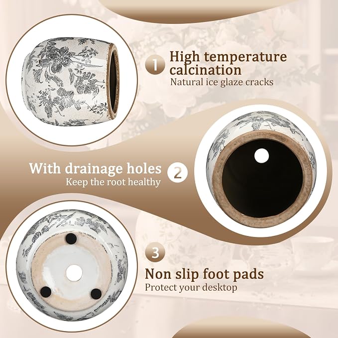 SiliFine Vintage Ceramic Flower Pot with Ice Crackle Rustic Planter with Drainage Holes for Indoor and Outdoor Decor Home Living Room Garden Decor Gardening Gift (Rustic Grey Style)