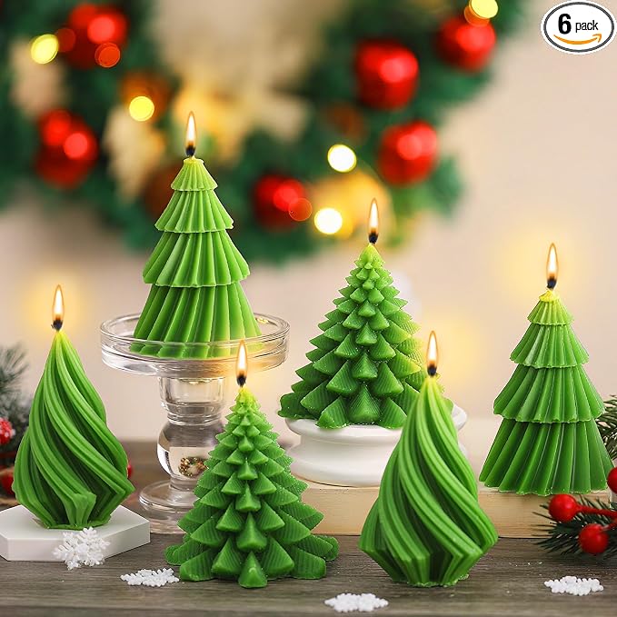 Conelist 6 Pcs Christmas Tree Candles Christmas Tree Shaped Taper Candles Decorative Xmas Wax Scented Candlesticks for Xmas Eve Winter Holiday Home Table Decoration Gift(Green,Mixed Style)