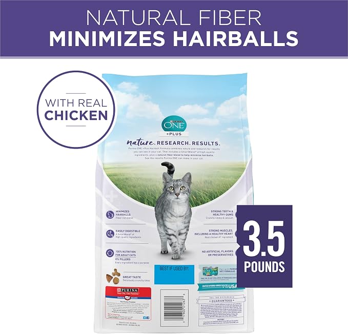 Purina ONE Natural Hairball Control Dry Cat Food, 3.5 lb Bag | Real chicken high fiber formula with added vitamins and minerals for overall health for adult cats and minimizes hairballs