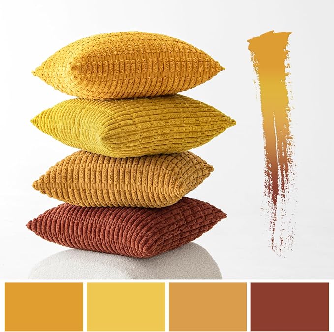 MIULEE Pack of 4 Fall Corduroy Throw Pillow Covers 18x18 Orange-Yellow | Neutral Rustic Farmhouse Boho Soft Striped Pillow Covers,Home Decor for Sofa,Living Room,Couch,Bed