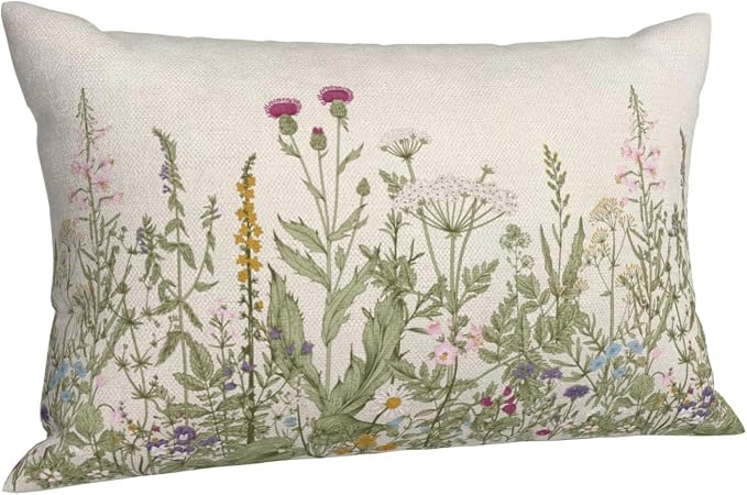 AEIOAE Sage Green Pillow Covers 12x20 Inch Set of 2, Spring Wildflower Plant Throw Pillows Case,Seasonal Floral Outdoor Decorative Flowers Farmhouse Decor Cushion Covers for Home Sofa Bed Couch