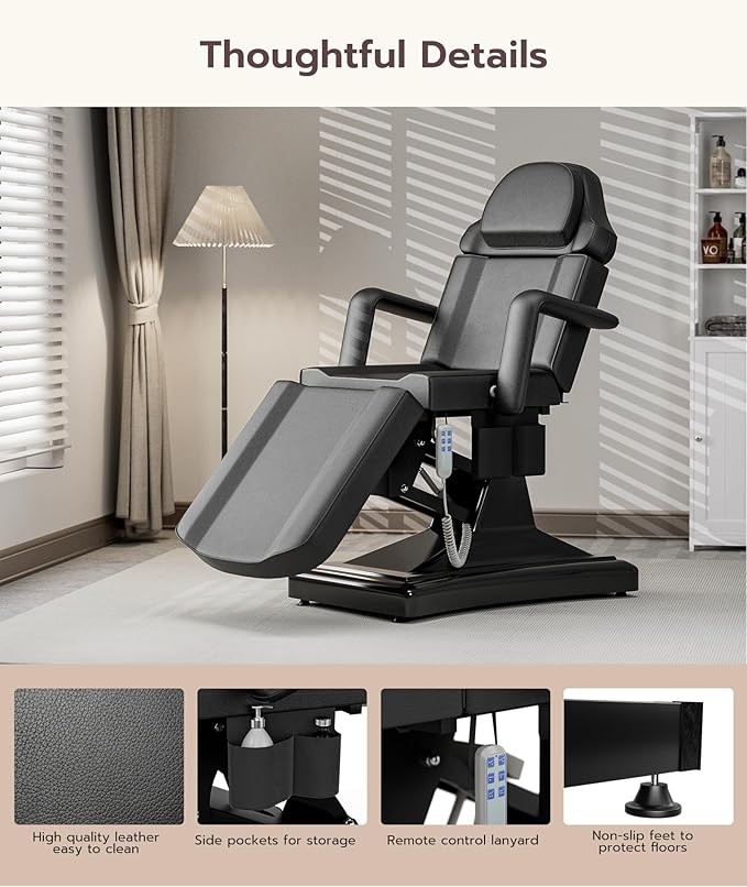 Icoget Fully Electric Tattoo Chair Esthetician Bed for Clients, 3-Motor Massage Table Adjustable Spa Facial Chair for Waxing, Lashing, Professional Aesthetics Bed for Salon, Black with Stool