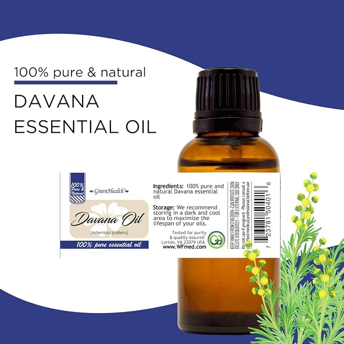 Davana Essential Oil – 5 ml – 100% Pure & Natural – Therapeutic Grade – Amber Glass Bottle with Euro Dropper – GreenHealth