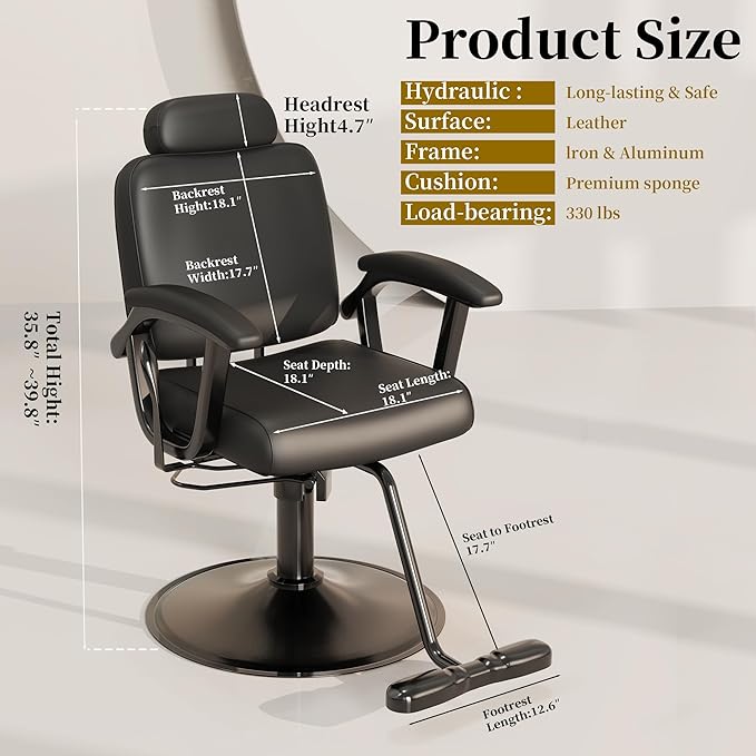 Baasha Premium Black Reclining Salon Chair with Removable Headrest, All-Purpose Hydraulic Barber Chair, Soft PU Leather, 360° Swivel, 135° Recline, Heavy-Duty Steel Frame, 330 lbs Capacity