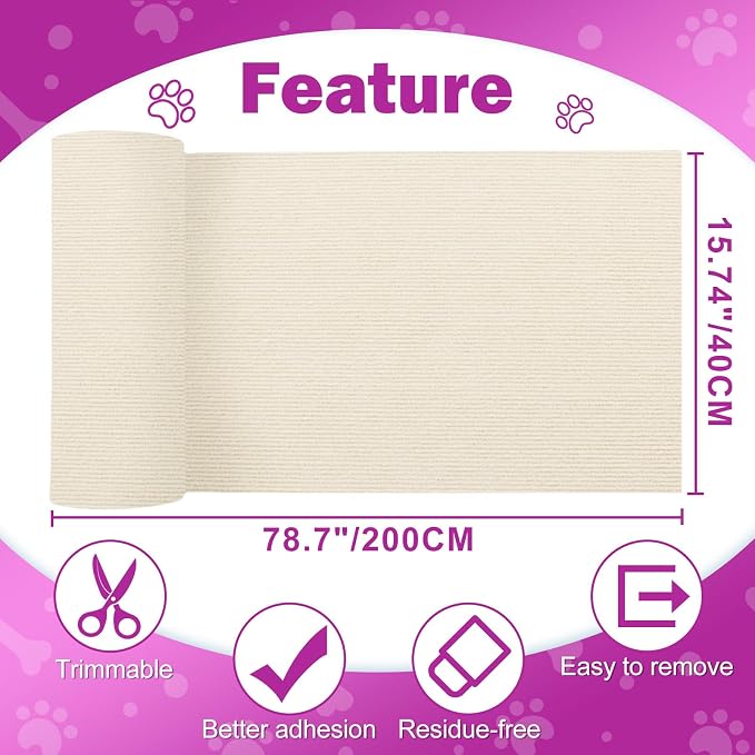 ENONCI 78.7x15.8 Cat Scratch Pad, Furniture Protector for Couch Corners | Trimmable, No-Shedding Cat Scratch Pad with Self-Adhesive Backing for Climbing, Protects Walls, Carpet and Couch