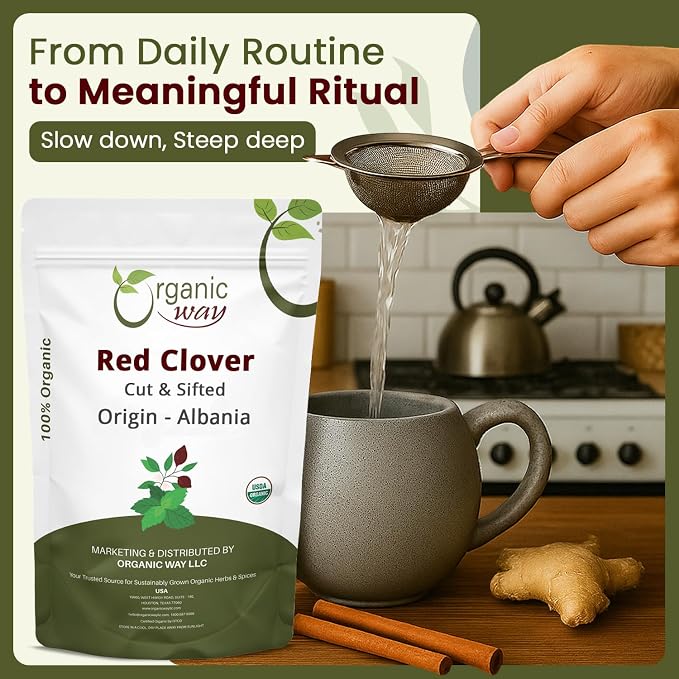 Organic Way Red Clover Flower Cut & Sifted (Trifolium Pratense) Herbal Tea | European Wild-Harvest | Organic & Kosher Certified | USDA Certified | Origin - Albania (1/2LBS | 8Oz)