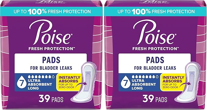 Poise Incontinence & Postpartum Pads for Bladder Leaks, 7 Drop Ultra Absorbency, Long Length, 39 Count, Packaging May Vary (Pack of 2)