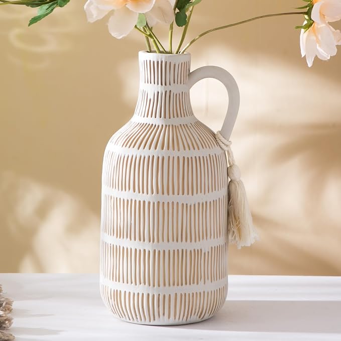 Mowtanco Farmhouse Vase with Handle and Tassel, Grey Yellow Vertical Stripes Design Clay Vase 10'' Tall - Ceramic Flower Vase for Rustic Home Decor, for Fireplace Kitchen Living Room Centerpieces
