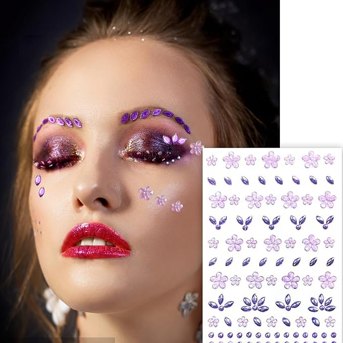 Purple Flower Face Tattoo Sticker - 172+pcs Summer Face Jewelry for Girls- Self-Adhesive Rhinestones for Eyes, Face, Nail Body – Festival Halloween Christmas Cosplay Makeup Decoration (purple)