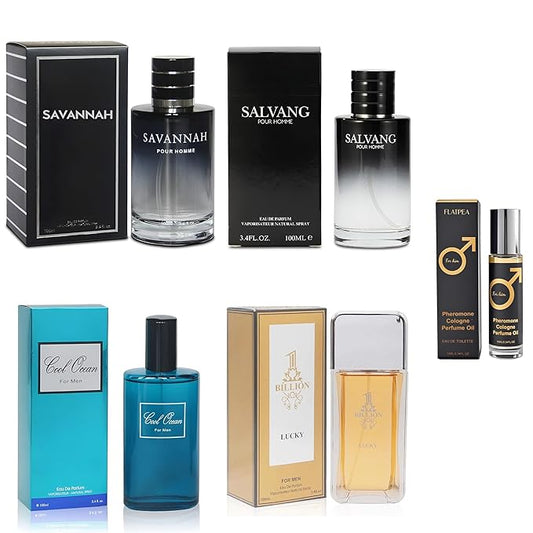 AFLUXE Men's Cologne Gift Set - Variety Pack of 4 Long Lasting Fragrances with 10ml Pheromone Cologne for Men Kit EDP/EDT (PHM-BillonLk/CoolOM/Savannh/Salvang)