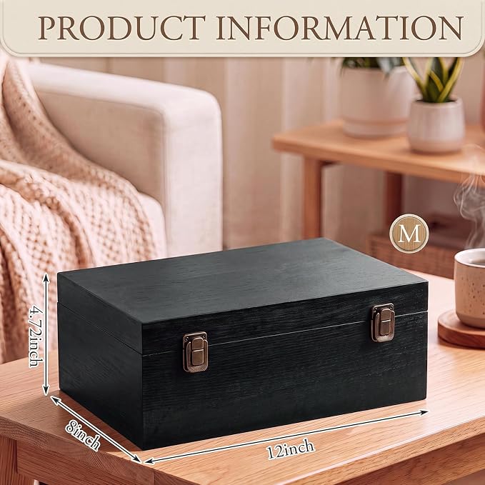 Sliner 1 Pcs Wooden Decorative Storage Boxes with Lids Vintage Wood Organizer Bins for Your Bookshelf Home Decor Safely Store Photos Documents Memory Jewelry Craft Storage (Glossy Black,M Size)