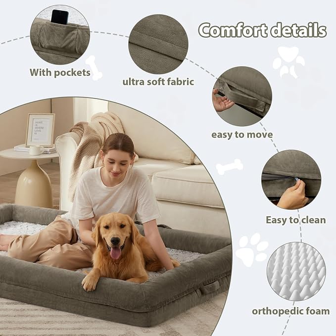 WNPETHOME Human Dog Bed Orthopedic for Adult & Dogs Comfy Sleeping | Washable Waterproof Dog Couch with Removable Cover, Large Pet Sofa Bed with Bolster Sides for Relaxing Dark Green 71x46 Inch